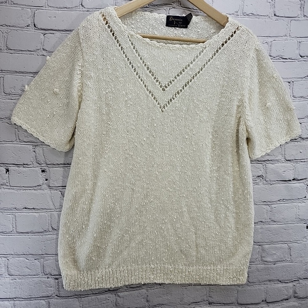 Vintage Bonnie Lee Sweater Womens Sz 46(L) Cream Short Sleeve Padded Shoulders
